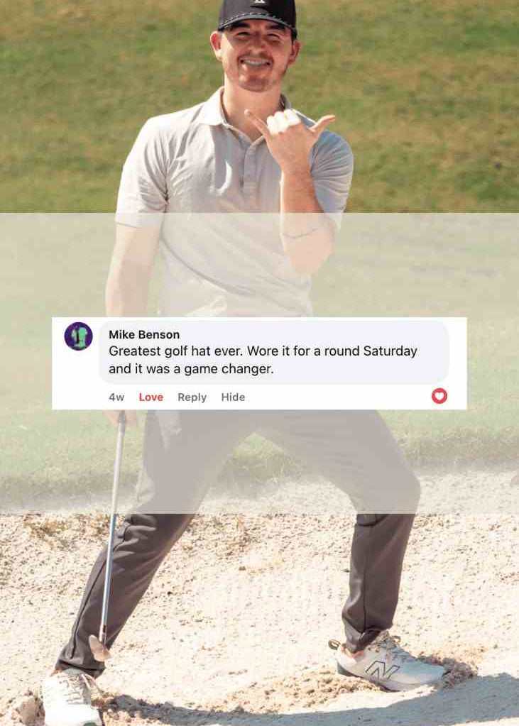 A man in a golf outfit posing on a golf course sand bunker, wearing a black baseball cap, a light gray polo shirt, dark pants, and white golf shoes. A semi-transparent overlay shows a tweet from Mike Benson.