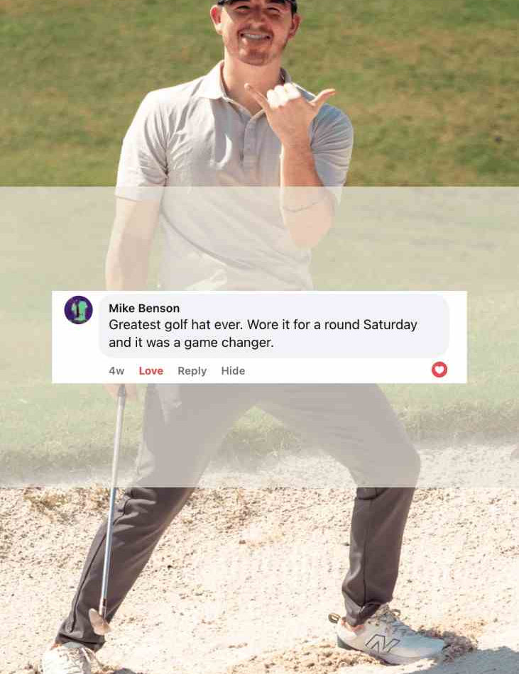 A man in a golf outfit posing on a golf course sand bunker, wearing a black baseball cap, a light gray polo shirt, dark pants, and white golf shoes. A semi-transparent overlay shows a tweet from Mike Benson.