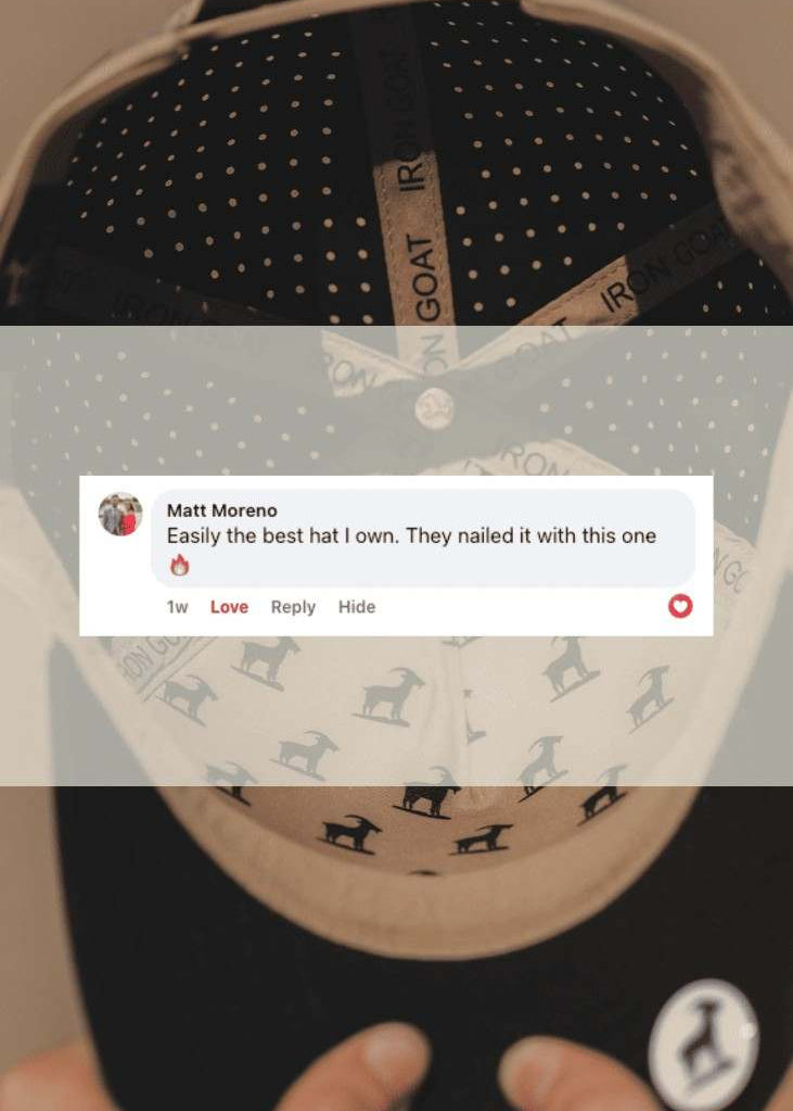 A close-up of a baseball cap being held by hands, showing the underside of the brim with a black and beige patterned design. A semi-transparent overlay shows a customer review comment from Matt Moreno.