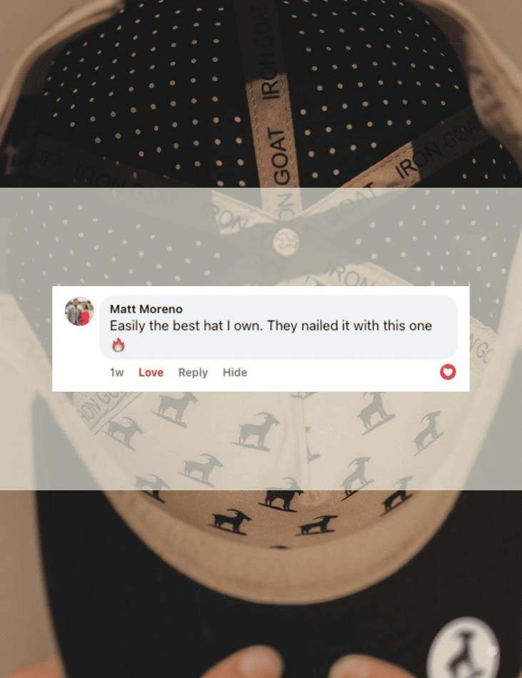 A close-up of a baseball cap being held by hands, showing the underside of the brim with a black and beige patterned design. A semi-transparent overlay shows a customer review comment from Matt Moreno.