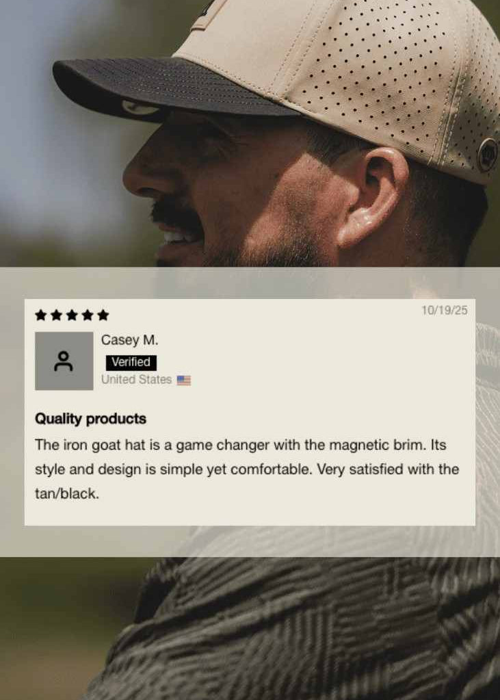 A man in side profile wearing a tan and black baseball cap with a magnetic iron-on brim, overlaid with a customer review card.