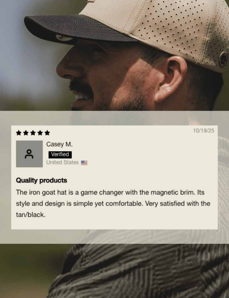 A man in side profile wearing a tan and black baseball cap with a magnetic iron-on brim, overlaid with a customer review card.