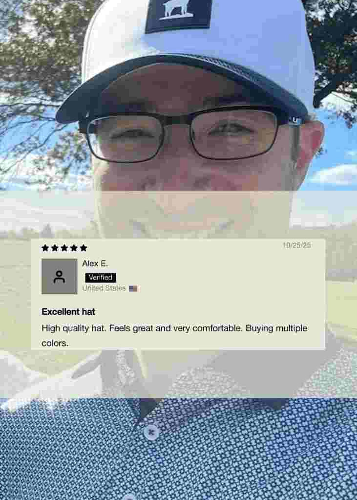 A man outdoors wearing a white and black trucker hat with a black square logo patch, black eyeglasses, and a blue patterned shirt. A review card overlay is visible in the center.