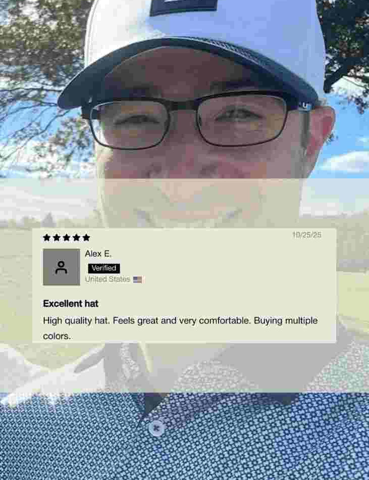A man outdoors wearing a white and black trucker hat with a black square logo patch, black eyeglasses, and a blue patterned shirt. A review card overlay is visible in the center.