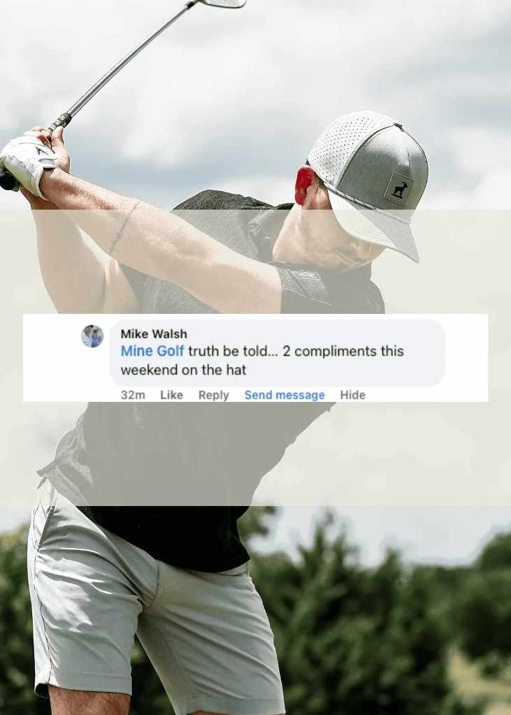 A man wearing a light gray baseball cap, black t-shirt, and light gray shorts is captured mid-swing on a golf course. A semi-transparent social media comment bubble is overlaid across the center of the image.
