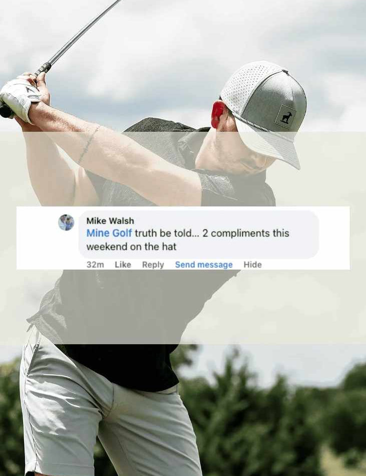A man wearing a light gray baseball cap, black t-shirt, and light gray shorts is captured mid-swing on a golf course. A semi-transparent social media comment bubble is overlaid across the center of the image.